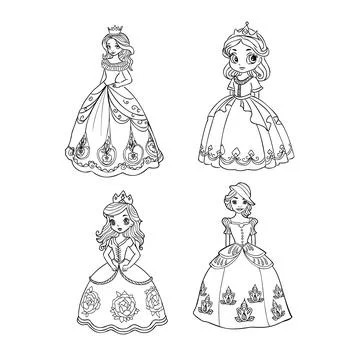 Cute princess dancing outlined and color for coloring book Stock Illustration