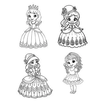 Cute princess dancing outlined and color for coloring book Stock Illustration