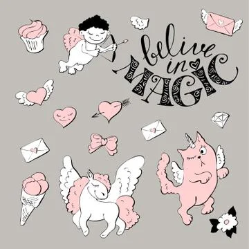 Cute princess sticker set with unicorn. Stock Illustration