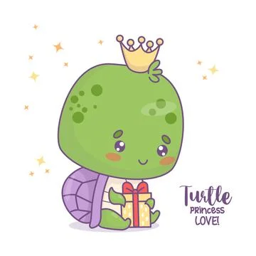 Cute princess turtle with gift. Funny little cartoon kawaii character anima.. Stock Illustration