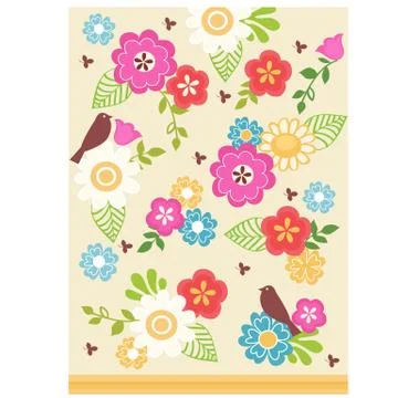 Cute print on the theme of summer or spring with images of birds and flowers Stock Illustration