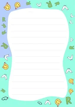 Cute Printable Lined Paper Template with Birds Smiley Faces and Letters Perfect Stock Illustration