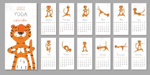 Cute printable template with tiger doing yoga. 2022 trendy calendar design. S Stock Illustration