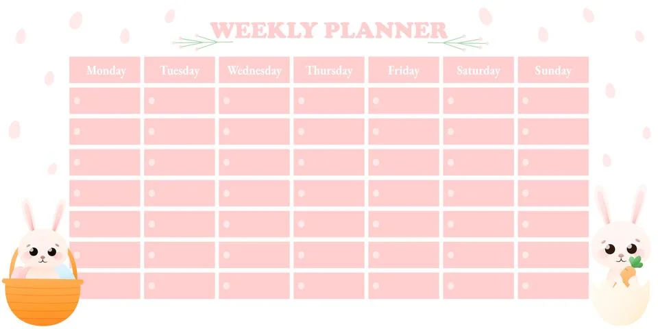 Cute printable weekly planner with bunny, easter concept for timetable templa Stock Illustration