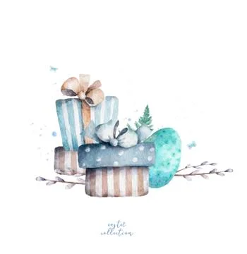 Cute prize box with egg. Hand drawn watercolor Illustration for easter design 스톡 일러스트