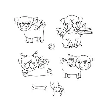 Cute Pugs. Dogs. Stock Illustration