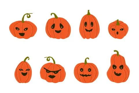 Cute pumkin faces in cartoon flat style - set Stock Illustration