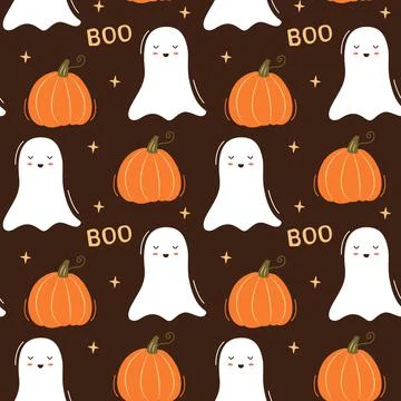 Cute pumpkin and ghost on dark brown background. Halloween themed pattern Stock Illustration