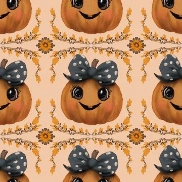 Cute Pumpkin and Polka Dot Bow Halloween Seamless Pattern Illustrazione stock