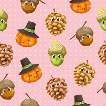 Cute pumpkin, apple, and pinecone characters on pink background Stock Illustration