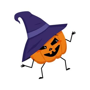 Cute pumpkin character in pointed hat with joyful emotions Stock Illustration