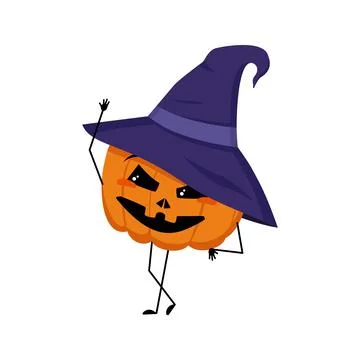 Cute pumpkin character in pointed hat with joyful emotions Stock Illustration