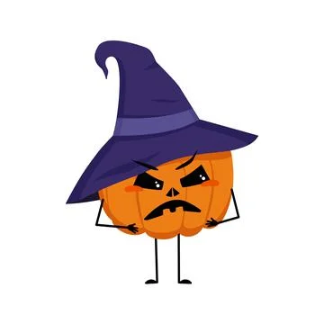 Cute pumpkin character in pointed hat with angry emotions Illustrazione stock