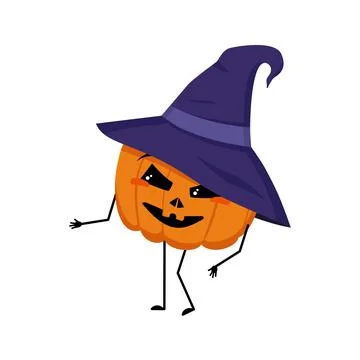 Cute pumpkin character in pointed hat with joyful emotions Stock Illustration