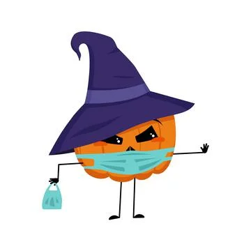 Cute pumpkin character in pointed hat with emotions, face and mask keep distance Stock Illustration