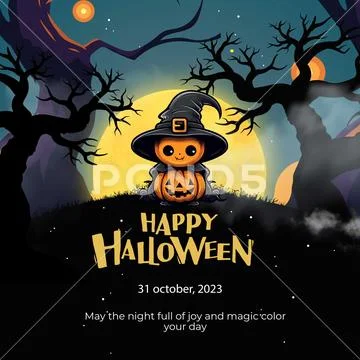 Cute pumpkin character in witch hat under full moon on halloween PSD Template