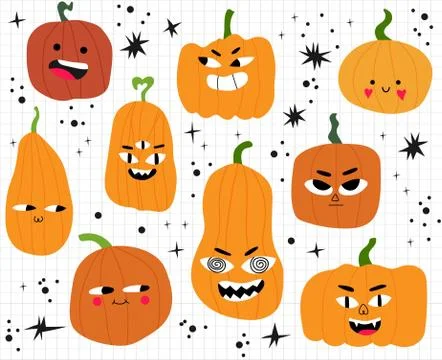 Cute pumpkin face vector illustration. Halloween kids Stock Illustration
