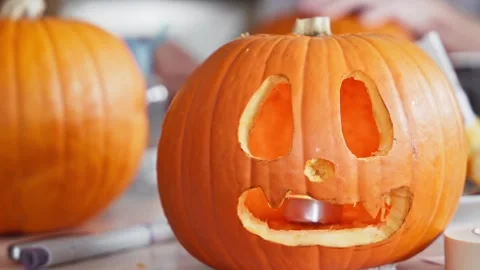 Cute Pumpkin Lantern With Happy Face For Halloween Stock Footage 313480836