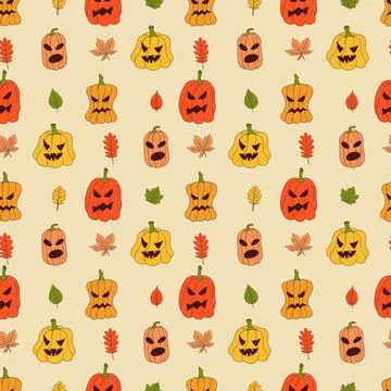 Cute pumpkin seamless pattern. Vector illustration in hand drawn style Illustrazione stock