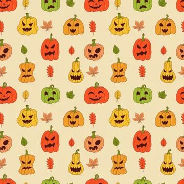 Cute pumpkin seamless pattern. Vector illustration in hand drawn style Stock Illustration