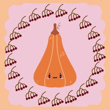 Cute pumpkin with a smiling face surrounded by autumn leaves. Funny cartoon s Stock Illustration