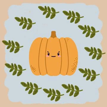 Cute pumpkin with a smiling face surrounded by autumn leaves. Funny cartoon s Stock Illustration