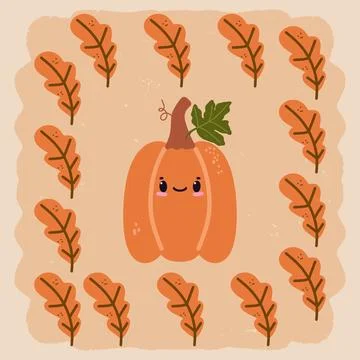 Cute pumpkin with a smiling face surrounded by autumn leaves. Funny cartoon s Stock Illustration