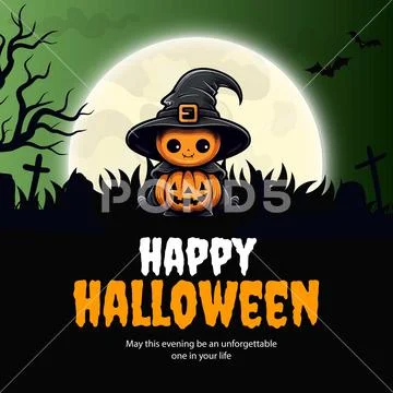 Cute pumpkin witch in spooky graveyard with full moon and bats PSD Template