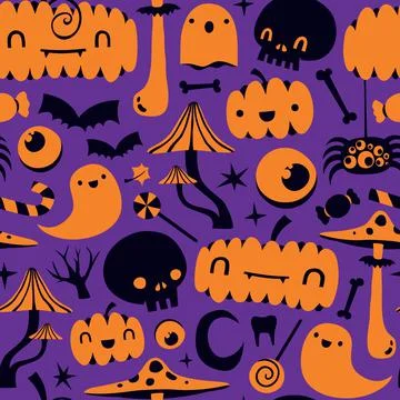 Cute pumpkins and skulls magic mushrooms halloween vector pattern Stockillustratie