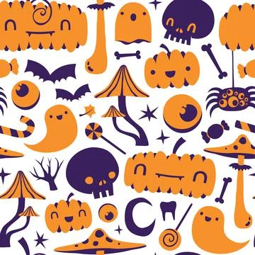 Cute pumpkins and skulls magic mushrooms halloween vector pattern Illustrazione stock