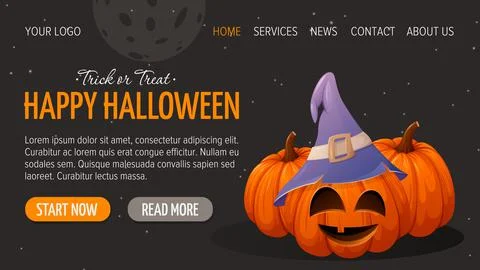Cute pumpkins with funny face and witch hat. Happy Halloween. Stock Illustration