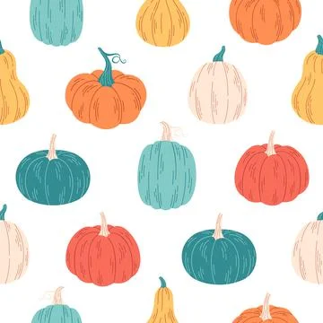 Cute pumpkins seamless pattern. Hello autumn, autumn harvest, farming. Иллюстрация