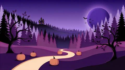 Cute pumpkins on winding forest path at dusk Foto stock