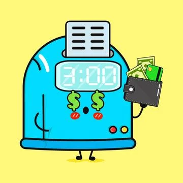 Cute Punch Clock Character With Wallet. Cartoon Time And Money Concept Stock Illustration