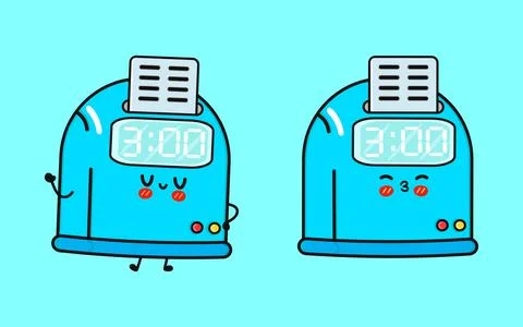 Cute Punch Clock Characters. Adorable Cartoon Clocks Waving and Blowing a Kis Stock Illustration
