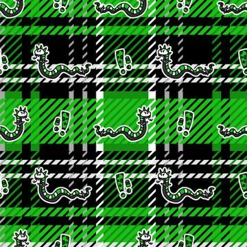 Cute punk cobra snake on plaid background vector pattern. Grungy alternative 스톡 일러스트