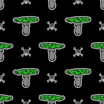 Cute punk rock fly agaric mushroom with skull on black background vector pattern Stock Illustration
