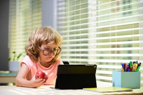 Cute pupil learning. E-learning, homeschool and online education for kids. 写真素材