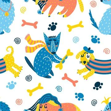 Cute puppies seamless vector pattern. Hand-drawn funny pets play, sleep, run. Ilustración de archivo