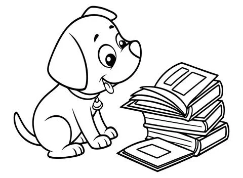 Cute puppy dog looking at stack of open books coloring page illustration. Stock Illustration