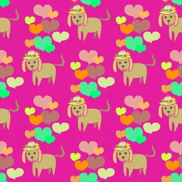 Cute Puppy Dog Vector Repeat Pattern With Hearts on pink Stock Illustration