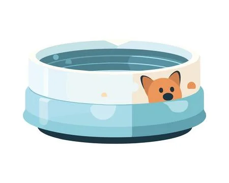 Cute puppy eats meal from blue bowl Stock Illustration