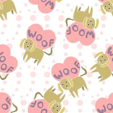 Cute Puppy Vector Repeat Pattern With Pink Hearts Stock Illustration