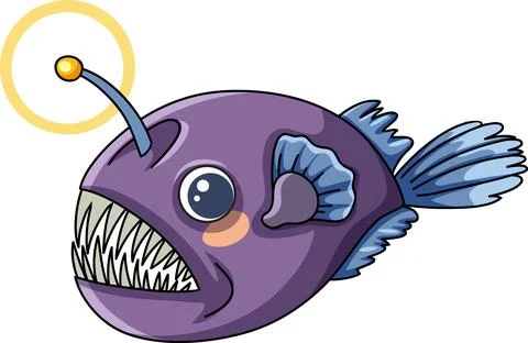 Cute Purple Anglerfish Vector Illustration with Glowing Lure and Sharp Teeth Stock Illustration