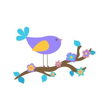 A cute purple bird sits on a tree branch covered with flowers. Spring came Stock Illustration