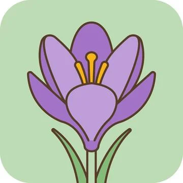 Cute purple crocus flower flat icon with thick outline on pastel background. Stock Illustration