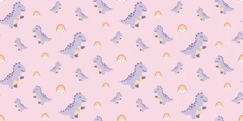 Cute purple dinosaurs seamless pattern on soft pink background with dinosaur Stock Illustration