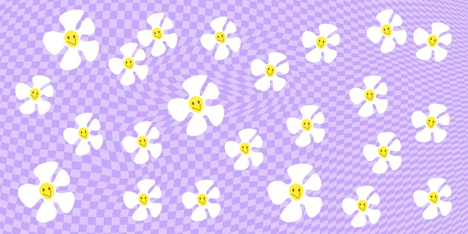 Cute purple horizontal checkered background with daisy all over the backdrop. Stock Illustration