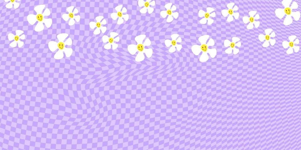Cute purple horizontal checkered background with daisy falling from above. Stock Illustration