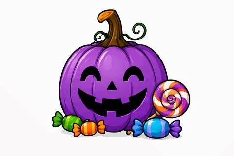 Cute purple jack o lantern pumpkin with colorful candy treats for Halloween 库存插图